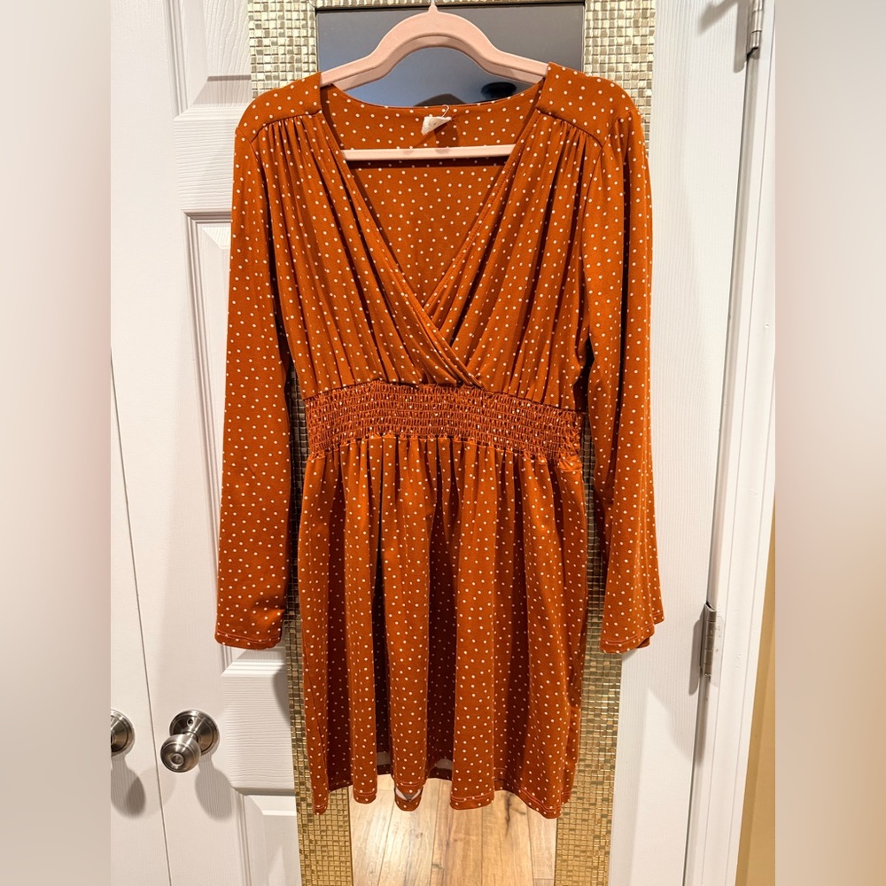 Sundays Rust Long Sleeve Polka Dot Dress